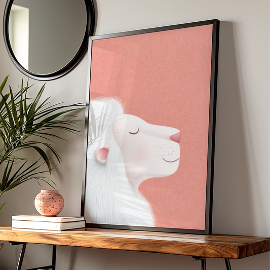 White Lion Nursery Wall Art, Coral Pink Baby Room Poster, Kids Animal Print, Cute Lion