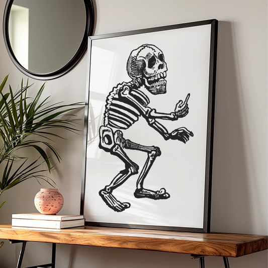 Dancing Skeleton Halloween Wall Art, Vintage Skull Poster, Black White Spooky Print, Gothic Decor