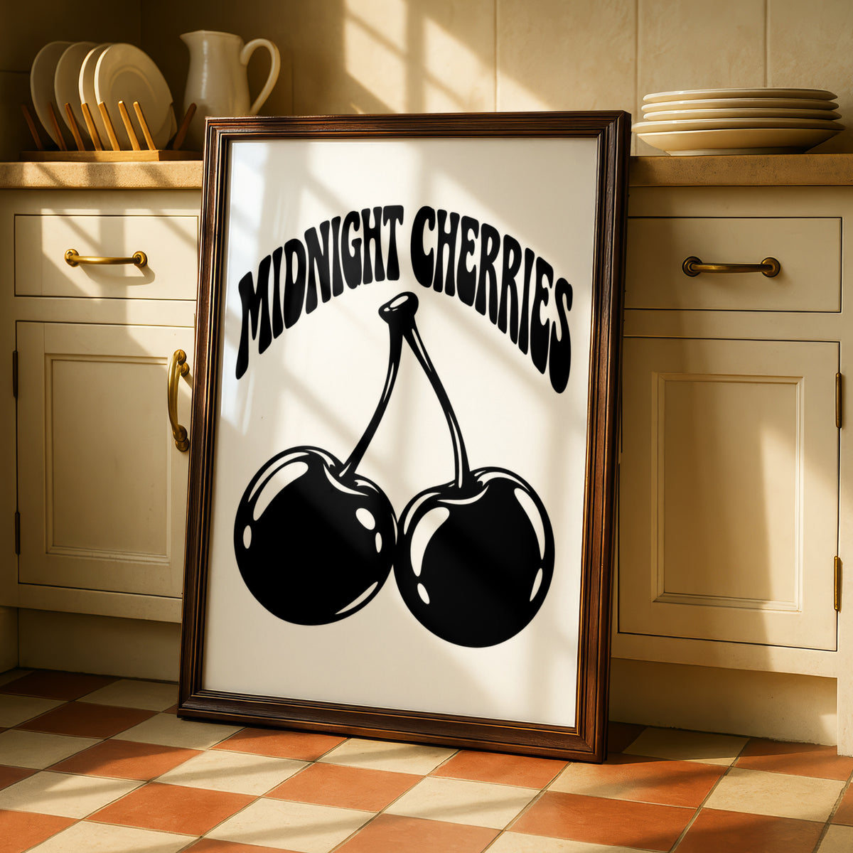 Midnight Cherries Typography Print, Black and White Poster, Monochrome Wall Art, Retro Fruit