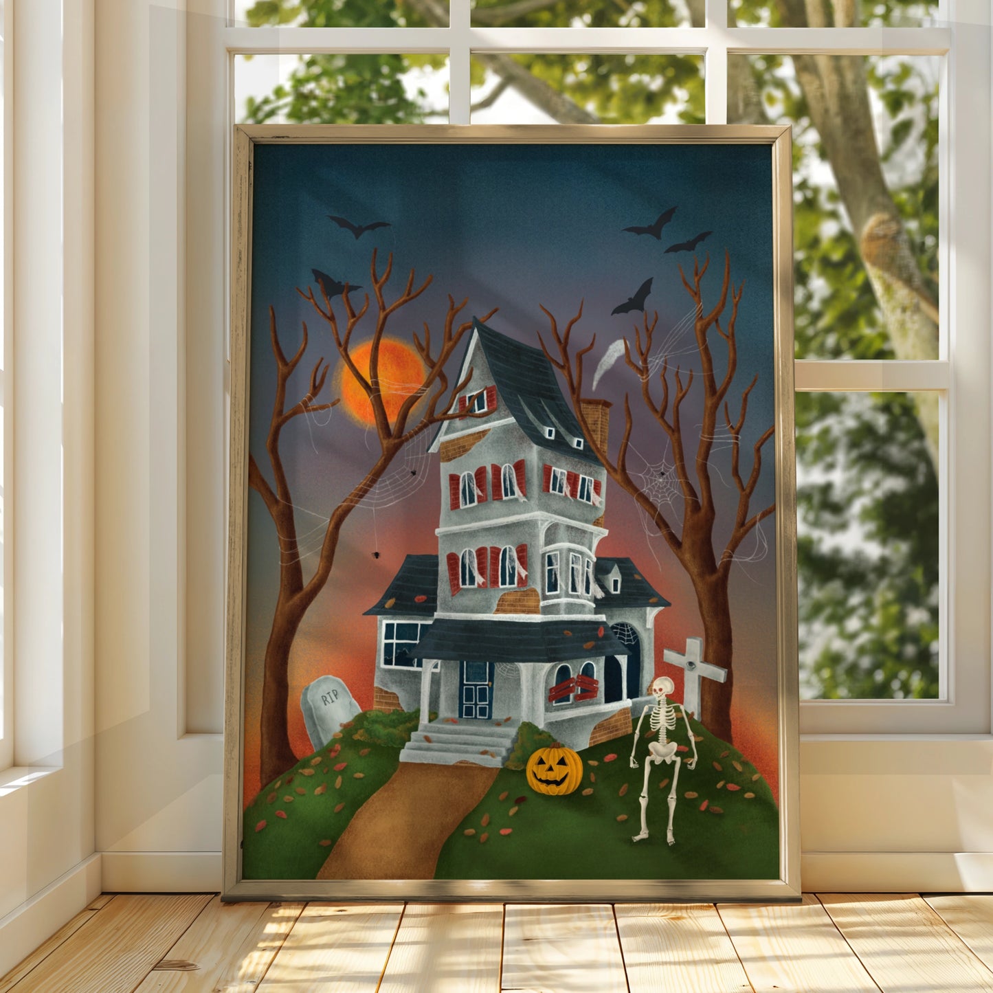 Haunted House Halloween Poster, Spooky Wall Art, Skeleton Pumpkin Bat Print, Gothic Home Decor