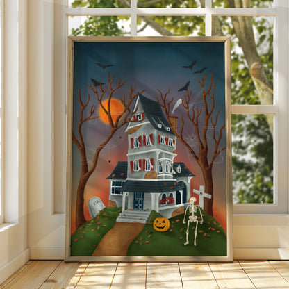 Haunted House Halloween Poster, Spooky Wall Art, Skeleton Pumpkin Bat Print, Gothic Home Decor