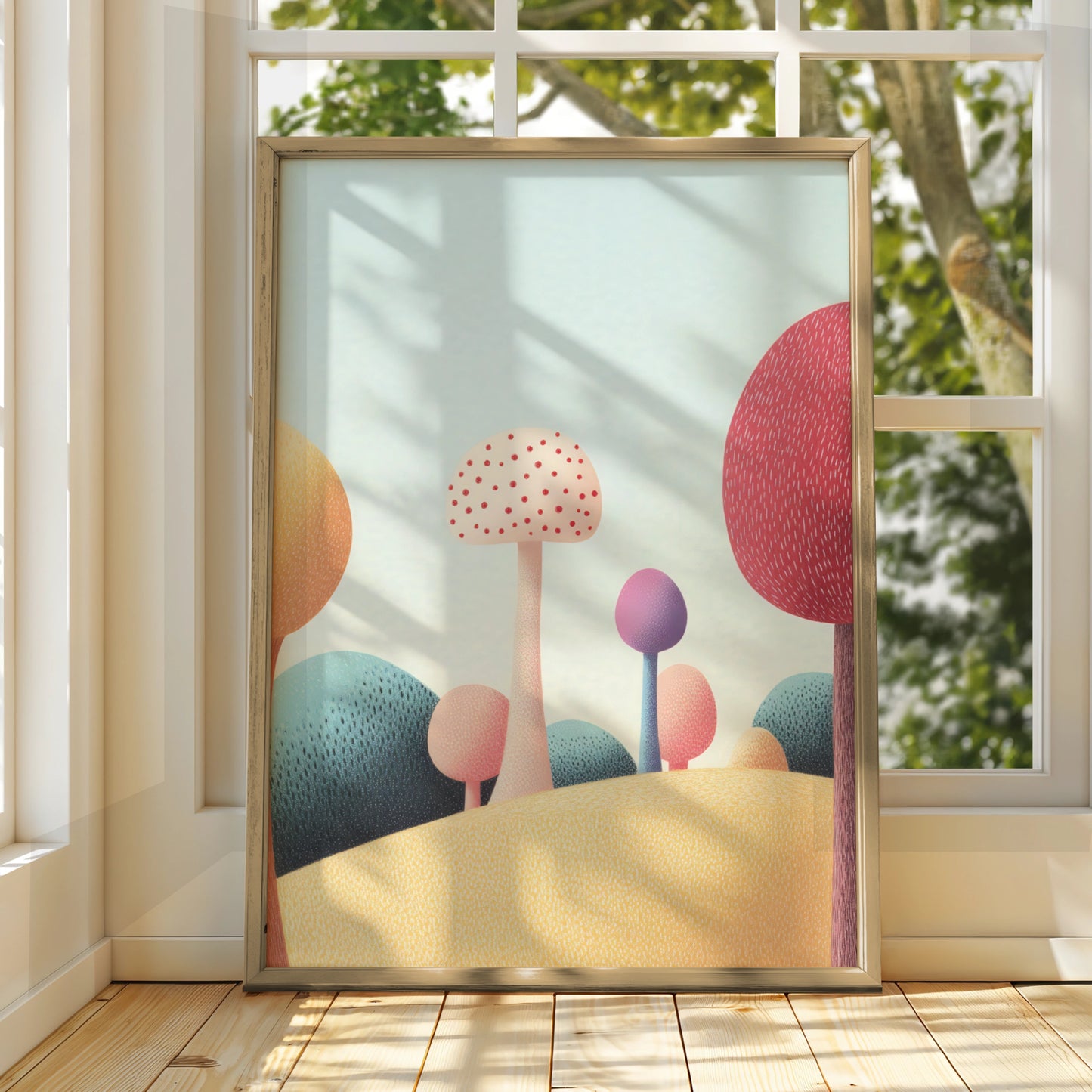 Mushroom Nursery Wall Art, Colourful Whimsical Forest Print, Kids Room Poster Decor