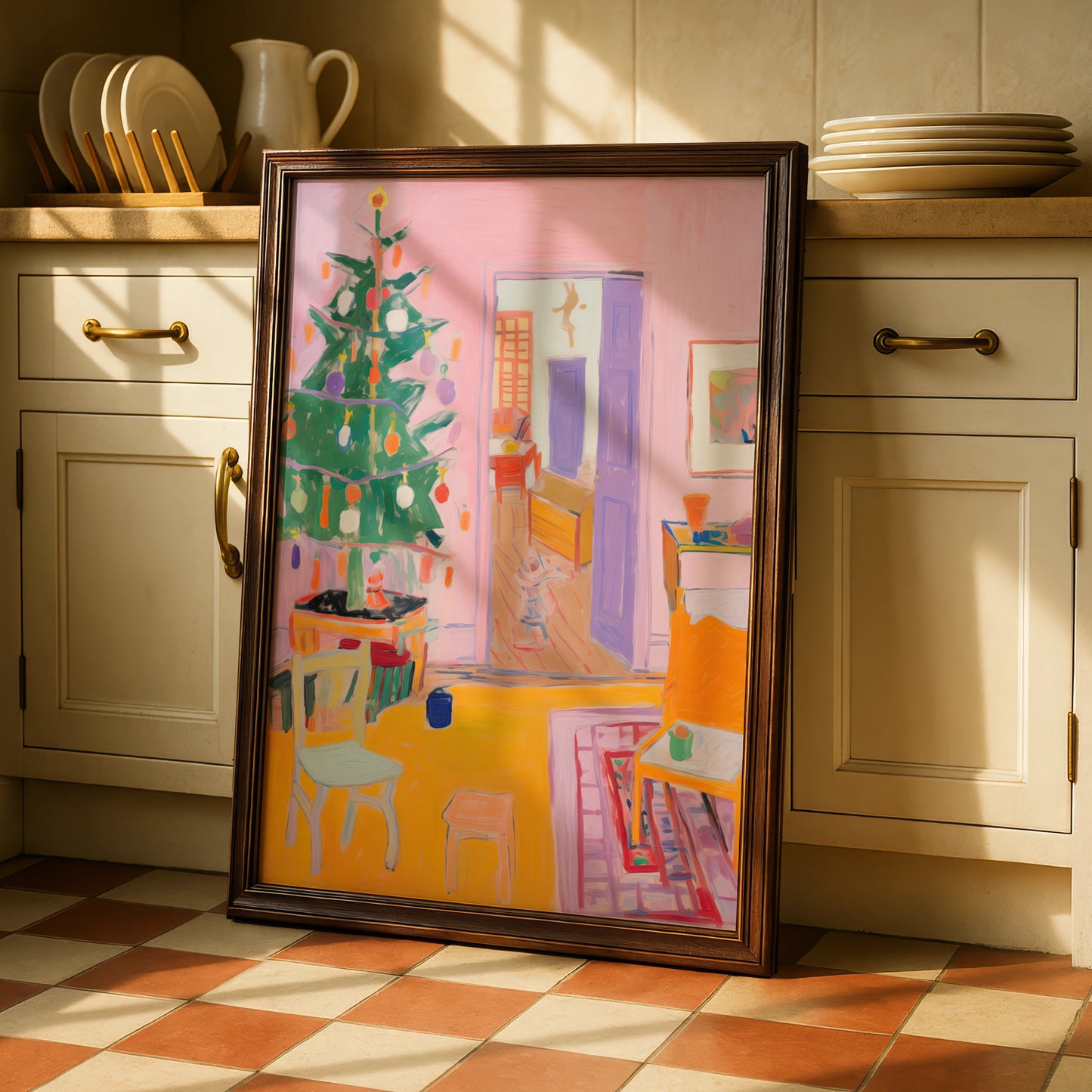Christmas Room Poster, Colourful Xmas Tree Print, Festive Interior Wall Art, Pink Holiday Decor