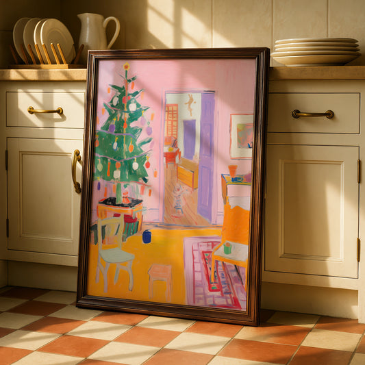 Christmas Room Poster, Colourful Xmas Tree Print, Festive Interior Wall Art, Pink Holiday Decor