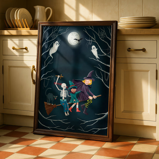 Halloween Witch Poster, Spooky Wall Art, Skeleton Ghost Black Cat Full Moon Print