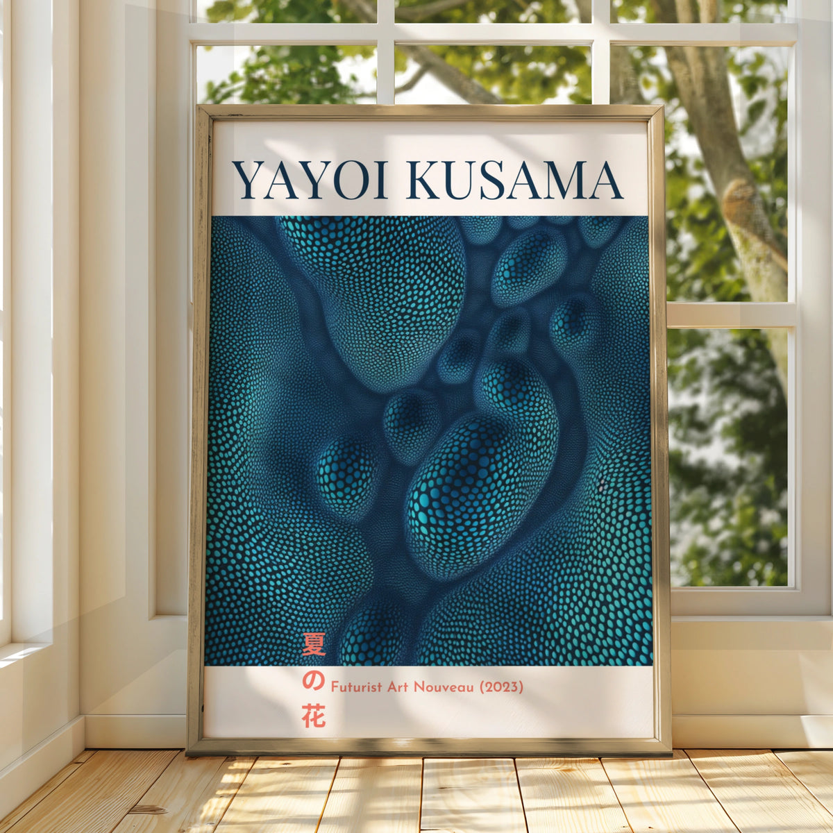 Yayoi Kusama Maximalist Poster, Blue Dot Wall Art, Japanese Futurist Art Nouveau Print