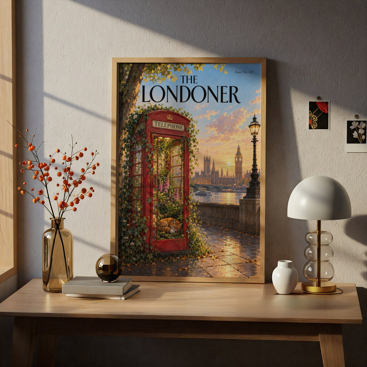 London Telephone Box Poster, Sleeping Fox Wall Art Print, Big Ben Sunset Thames Illustration