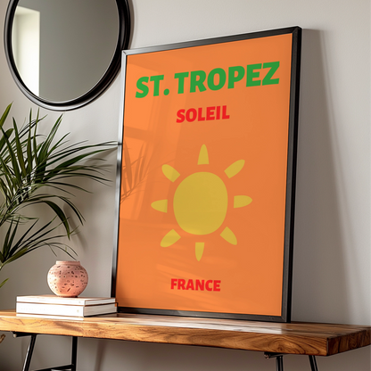 St Tropez Travel Poster, France Retro Wall Art, Cote d'Azur Sun Print, Bold Vintage