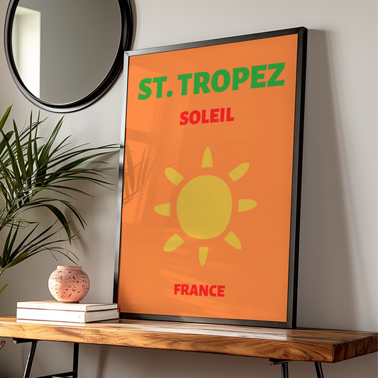 St Tropez Travel Poster, France Retro Wall Art, Cote d'Azur Sun Print, Bold Vintage — Digital Download