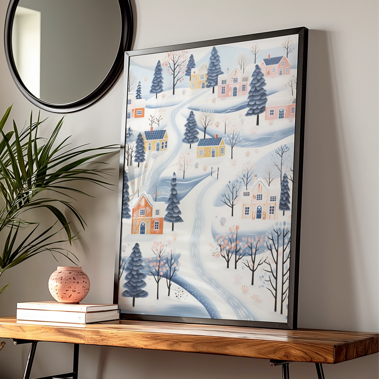 Christmas Village Poster, Snowy Winter Town Wall Art, Scandi Festive Print, Pastel Blue