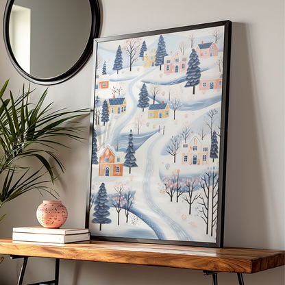 Christmas Village Poster, Snowy Winter Town Wall Art, Scandi Festive Print, Pastel Blue
