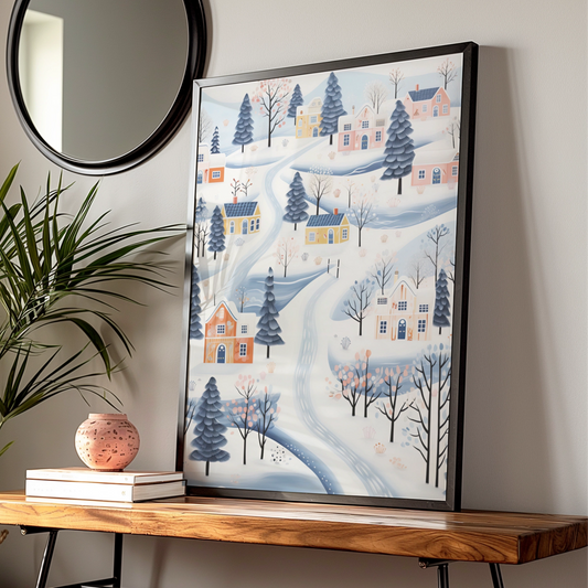 Christmas Village Poster, Snowy Winter Town Wall Art, Scandi Festive Print, Pastel Blue