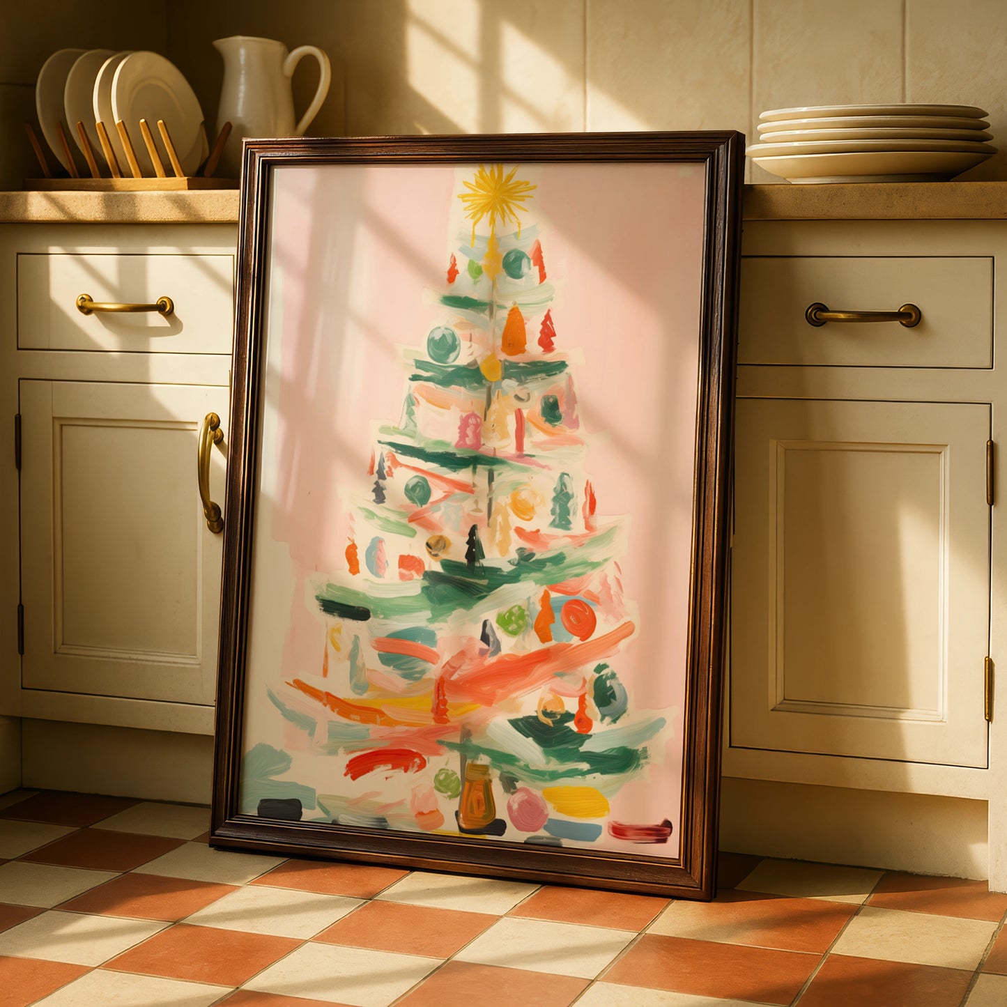 Christmas Tree Poster, Colourful Abstract Xmas Wall Art, Festive Holiday Print, Pastel Pink Decor