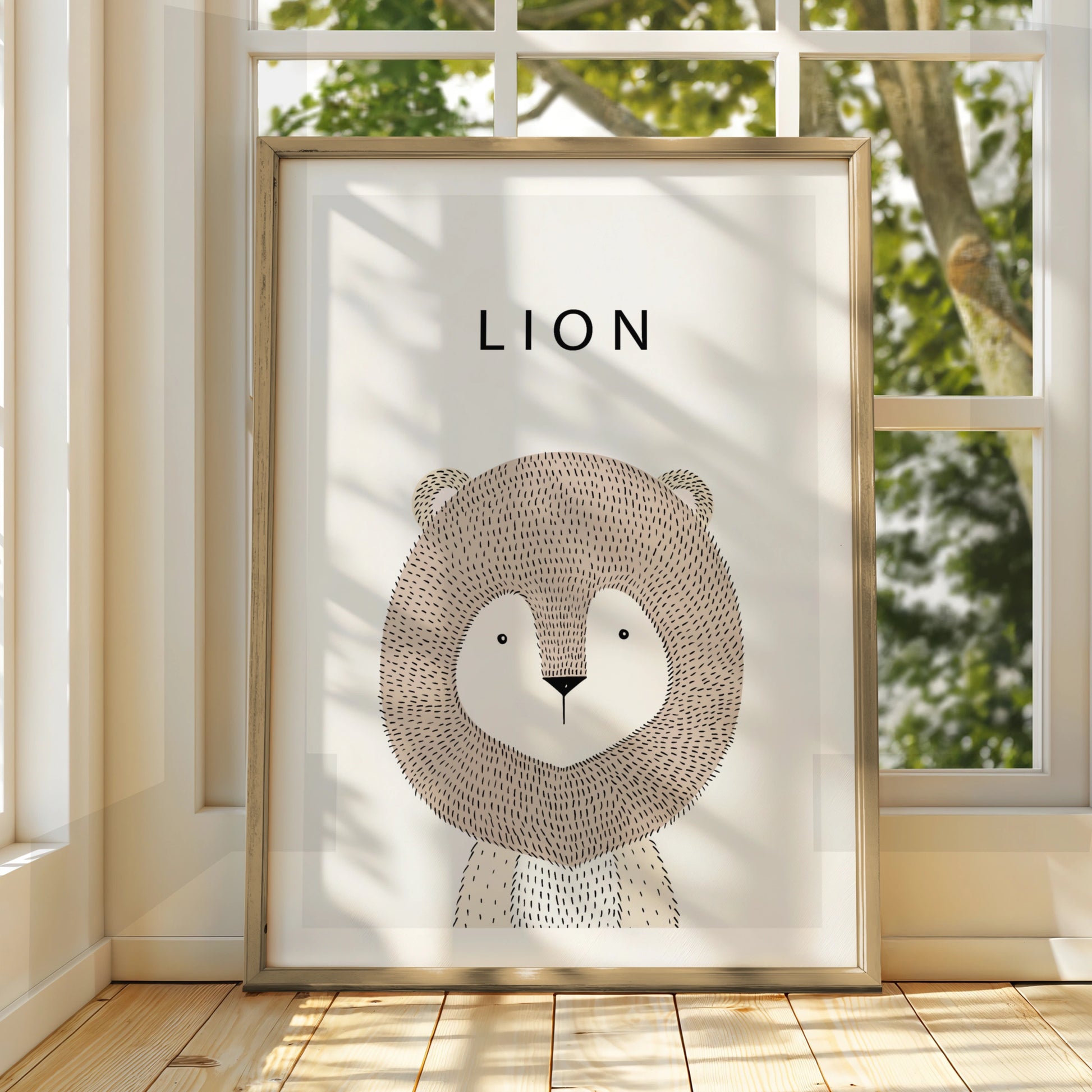 Lion Nursery Poster, Cute Animal Print, Minimalist Kids Wall Art, Neutral Beige Scandi Decor