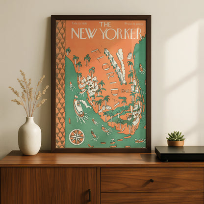 The New Yorker 1926 Florida Map Poster, Vintage Travel Wall Art, Palm Beach Print