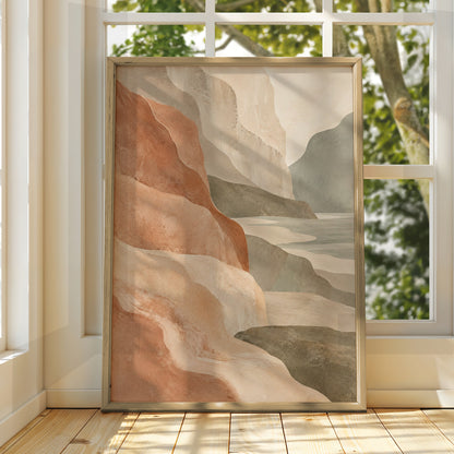 Australian Coastal Cliffs Print, Abstract Landscape Wall Art, Terracotta Sage Neutral Poster