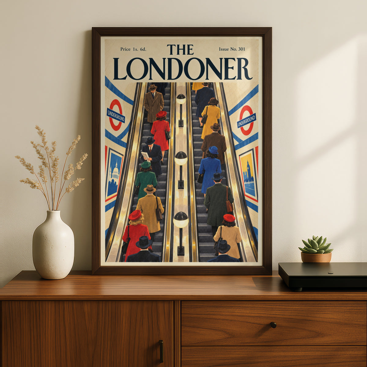London Underground Escalator Poster, Vintage Magazine Cover Wall Art, Retro Travel Art Print