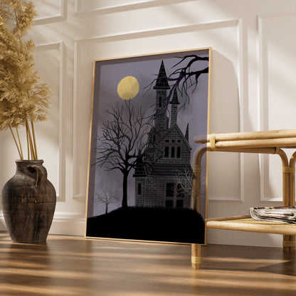 Haunted House Halloween Art Print, Spooky Full Moon Poster, Dark Gothic Wall Art