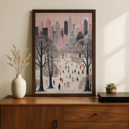 Christmas New York City Winter Poster, Central Park Ice Skating Wall Art Print