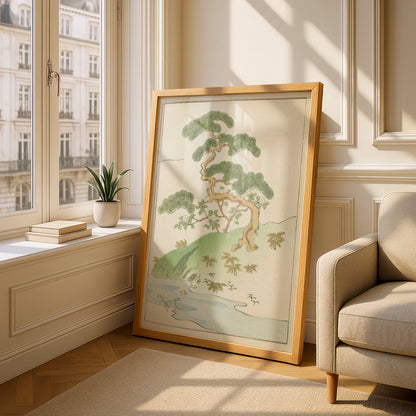 Japanese Pine Tree Woodblock Wall Art, Vintage Japandi Botanical Print, Minimalist Japanese Poster – A5 Oak frame
