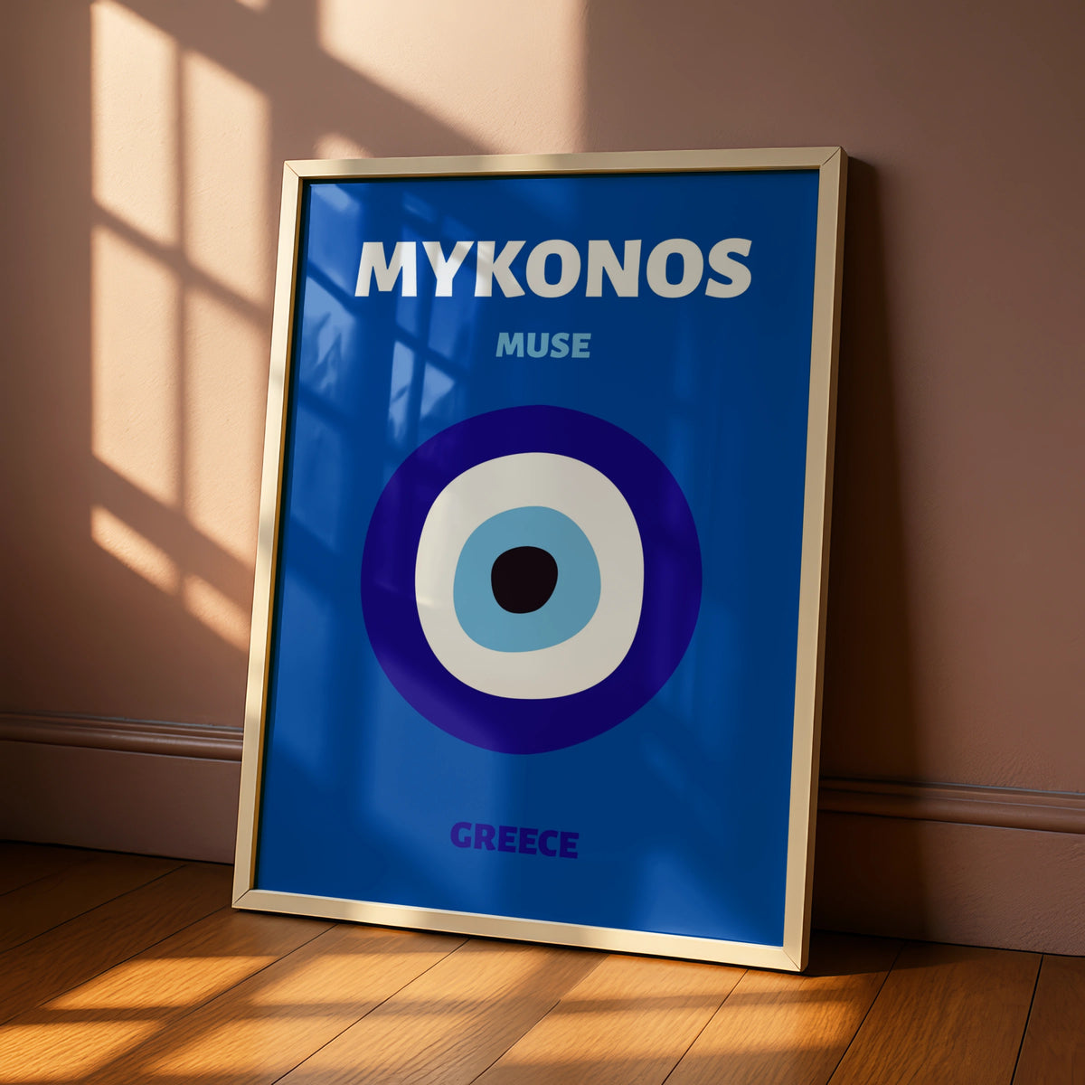Mykonos Greece Travel Poster, Evil Eye Wall Art, Greek Island Print, Blue Retro
