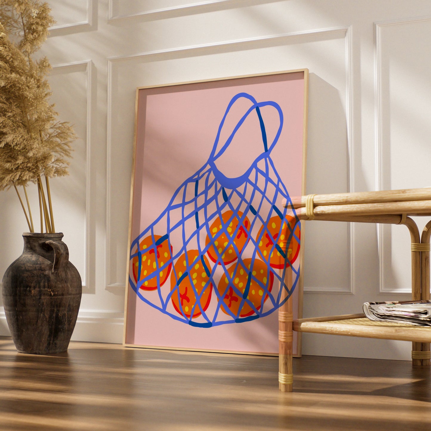 Maximalist Fruit Poster, Bold Orange Net Bag Print, Colourful Kitchen Wall Art Decor