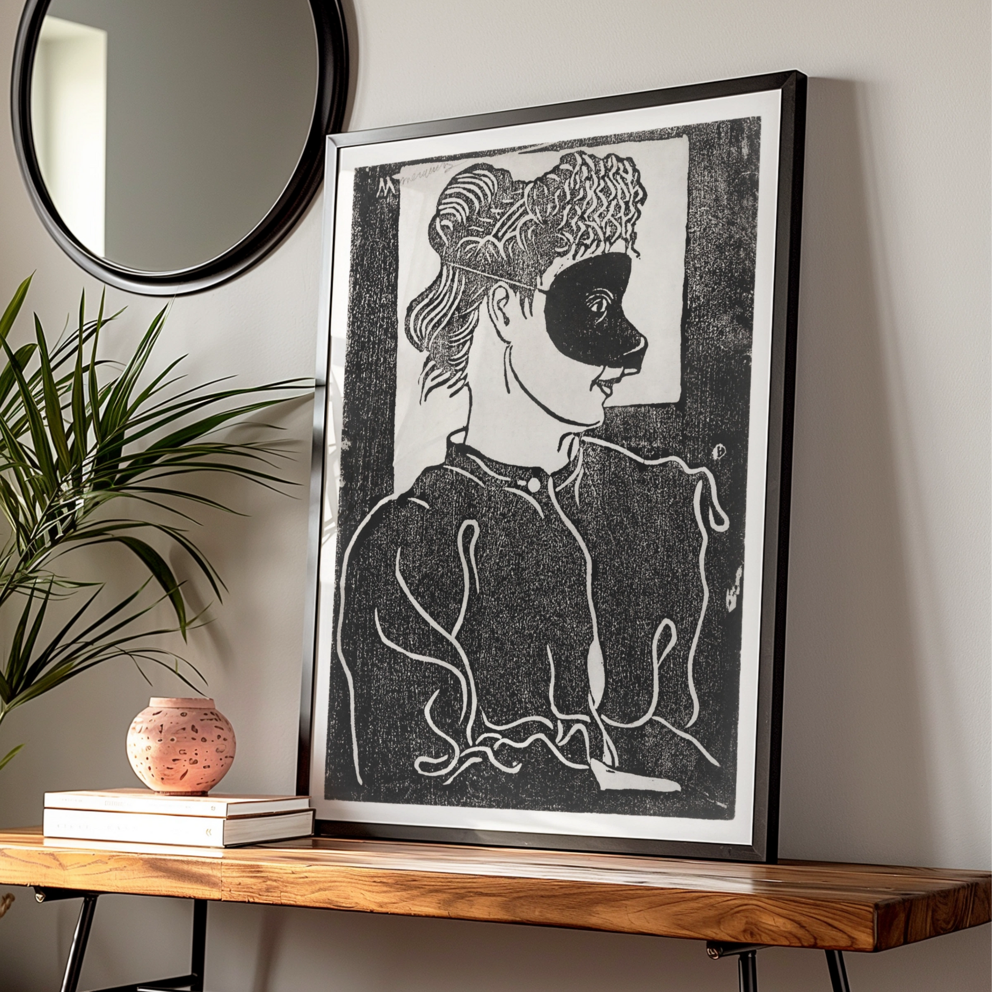 Halloween Masquerade Mask Woman Poster, Black White Woodcut Art Print, Gothic Wall Art