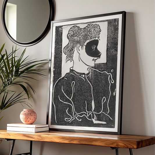 Halloween Masquerade Mask Woman Poster, Black White Woodcut Art Print, Gothic Wall Art