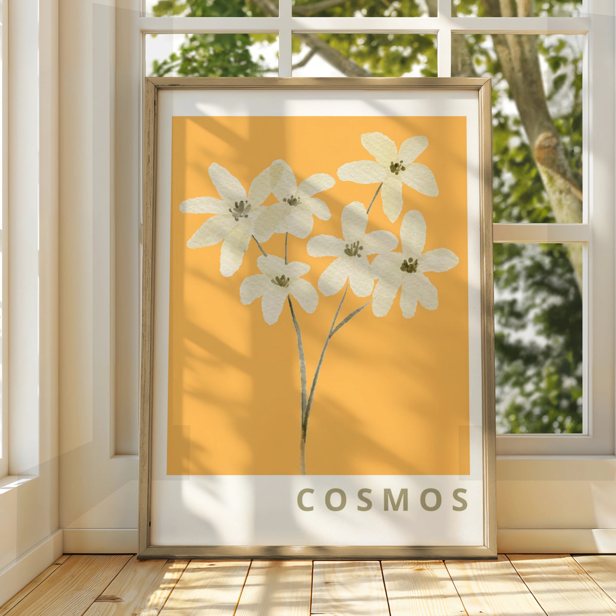 Cosmos Flower Botanical Poster, White Floral Wall Art, Mustard Yellow Modern Print