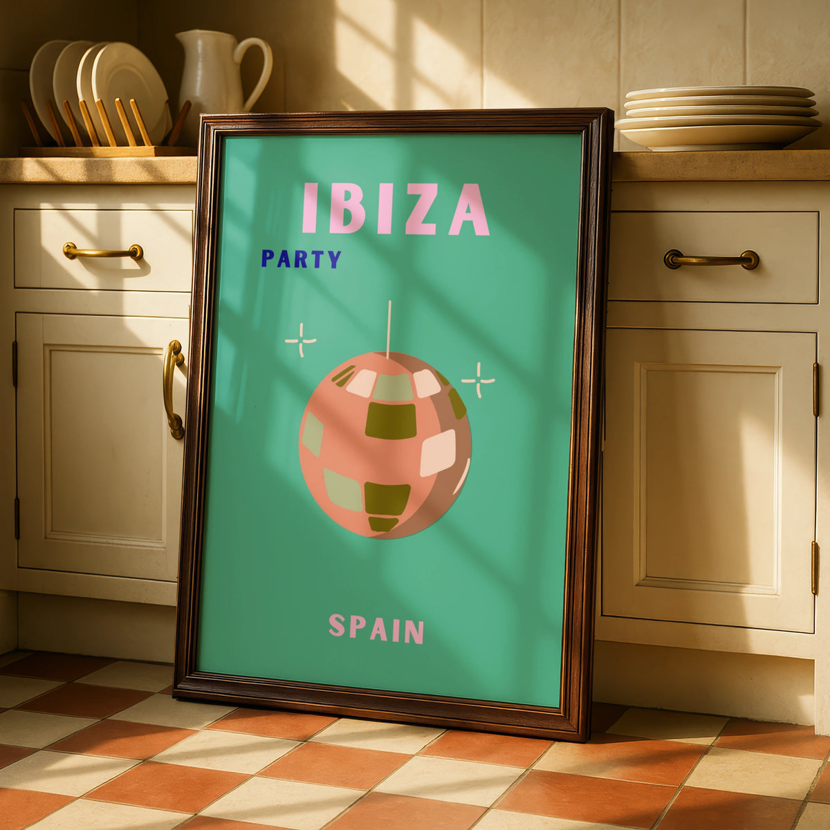 Ibiza Party Travel Poster, Spain Wall Art, Retro Disco Ball Print, Colourful Holiday Poster