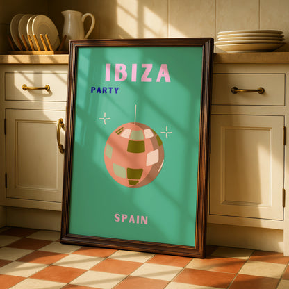 Ibiza Party Travel Poster, Spain Wall Art, Retro Disco Ball Print, Colourful Holiday Poster