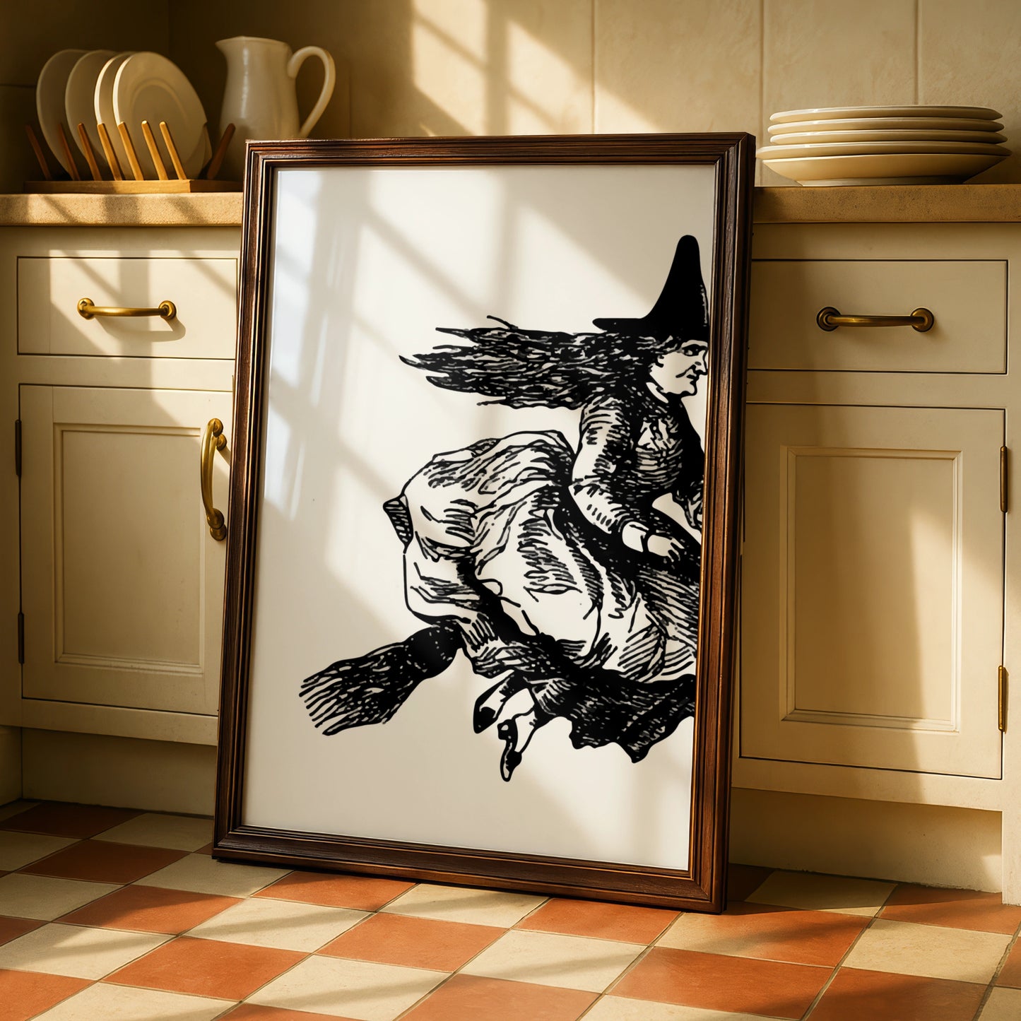 Halloween Witch on Broomstick Poster, Black White Vintage Witch Art Print, Spooky Wall Art