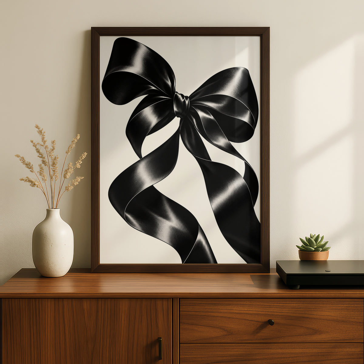 Black Satin Ribbon Bow Print, Monochrome Wall Art, Minimalist Poster, Modern Wall Decor