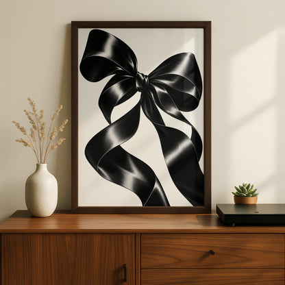 Black Satin Ribbon Bow Print, Monochrome Wall Art, Minimalist Poster, Modern Wall Decor