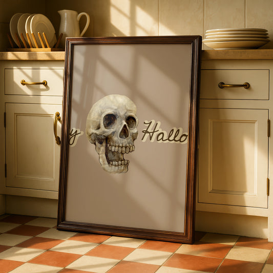 Happy Halloween Skull Poster, Spooky Wall Art, Skeleton Print, Taupe Halloween Decor