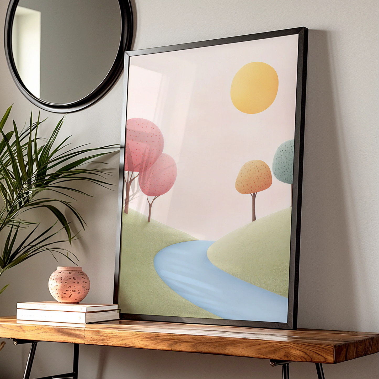 Nursery Wall Art Pastel Landscape Print, Colourful Trees River Sun Kids Room Poster