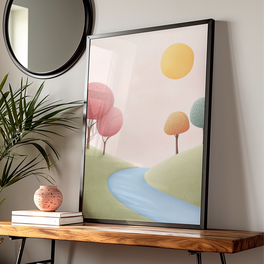 Nursery Wall Art Pastel Landscape Print, Colourful Trees River Sun Kids Room Poster