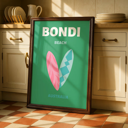 Bondi Beach Australia Travel Poster, Retro Surf Wall Art, Sydney Coastal Print