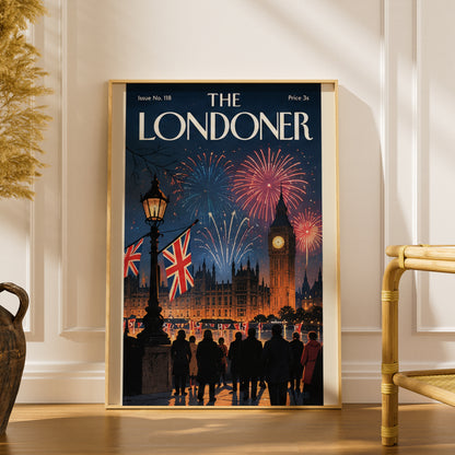 London Fireworks Poster, Big Ben Wall Art, Vintage Magazine Cover Art Print, Night Skyline Union