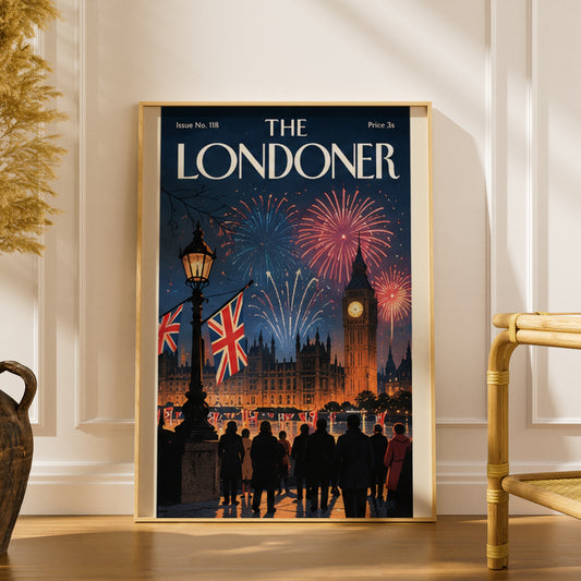London Fireworks Poster, Big Ben Wall Art, Vintage Magazine Cover Art Print, Night Skyline Union