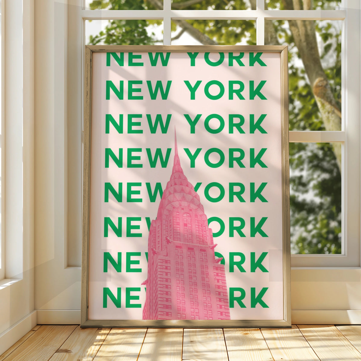 New York Travel Poster, NYC Retro Wall Art, Chrysler Building Pink Green Print