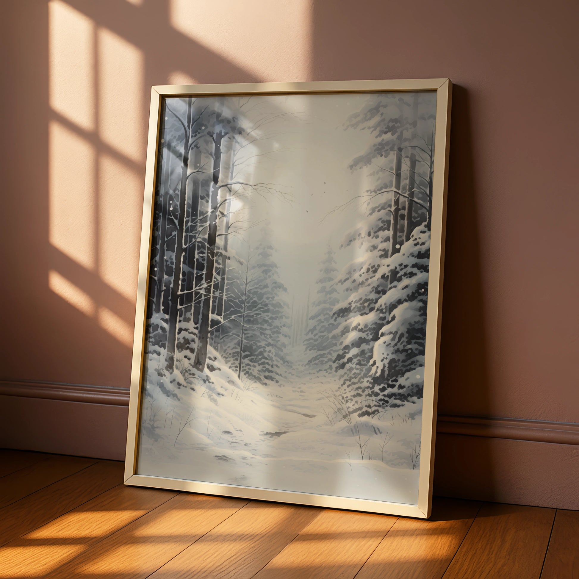 Snowy Winter Forest Christmas Poster, Grey White Woodland Wall Art, Festive Nature Print