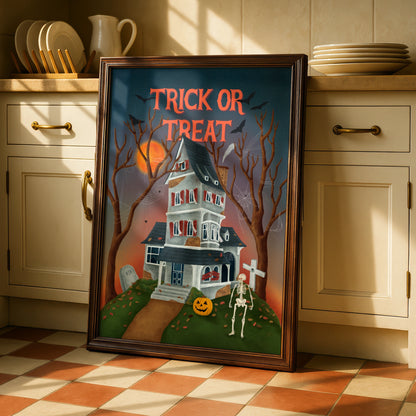 Trick Or Treat Halloween Poster, Haunted House Wall Art, Skeleton Pumpkin Print