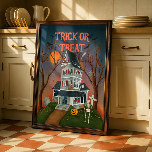 Trick Or Treat Halloween Poster, Haunted House Wall Art, Skeleton Pumpkin Print