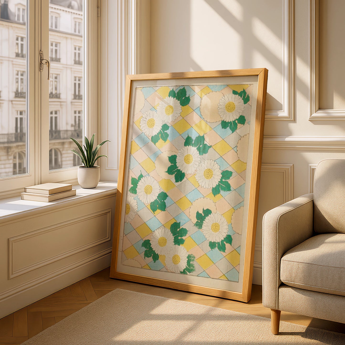 Japanese Botanical Print, Vintage Daisy Woodblock Wall Art, Floral Japandi Poster, 1901 – A5 Oak frame