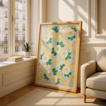 Japanese Botanical Print, Vintage Daisy Woodblock Wall Art, Floral Japandi Poster, 1901 – A5 Oak frame
