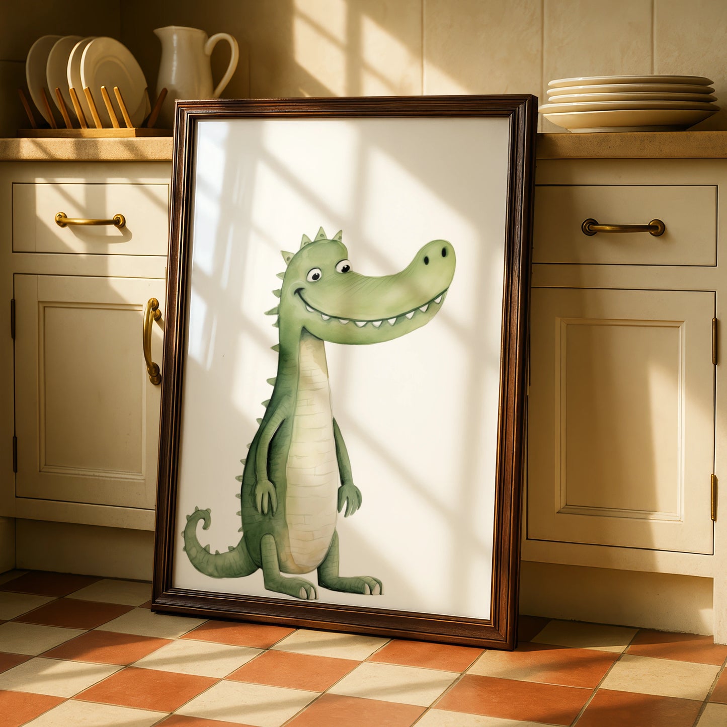 Cute Crocodile Nursery Wall Art, Watercolour Animal Print, Kids Room Poster, Green