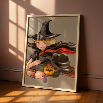Halloween Witch Poster, Flying Broomstick Wall Art, Pumpkin Witch Print, Spooky Cute Decor