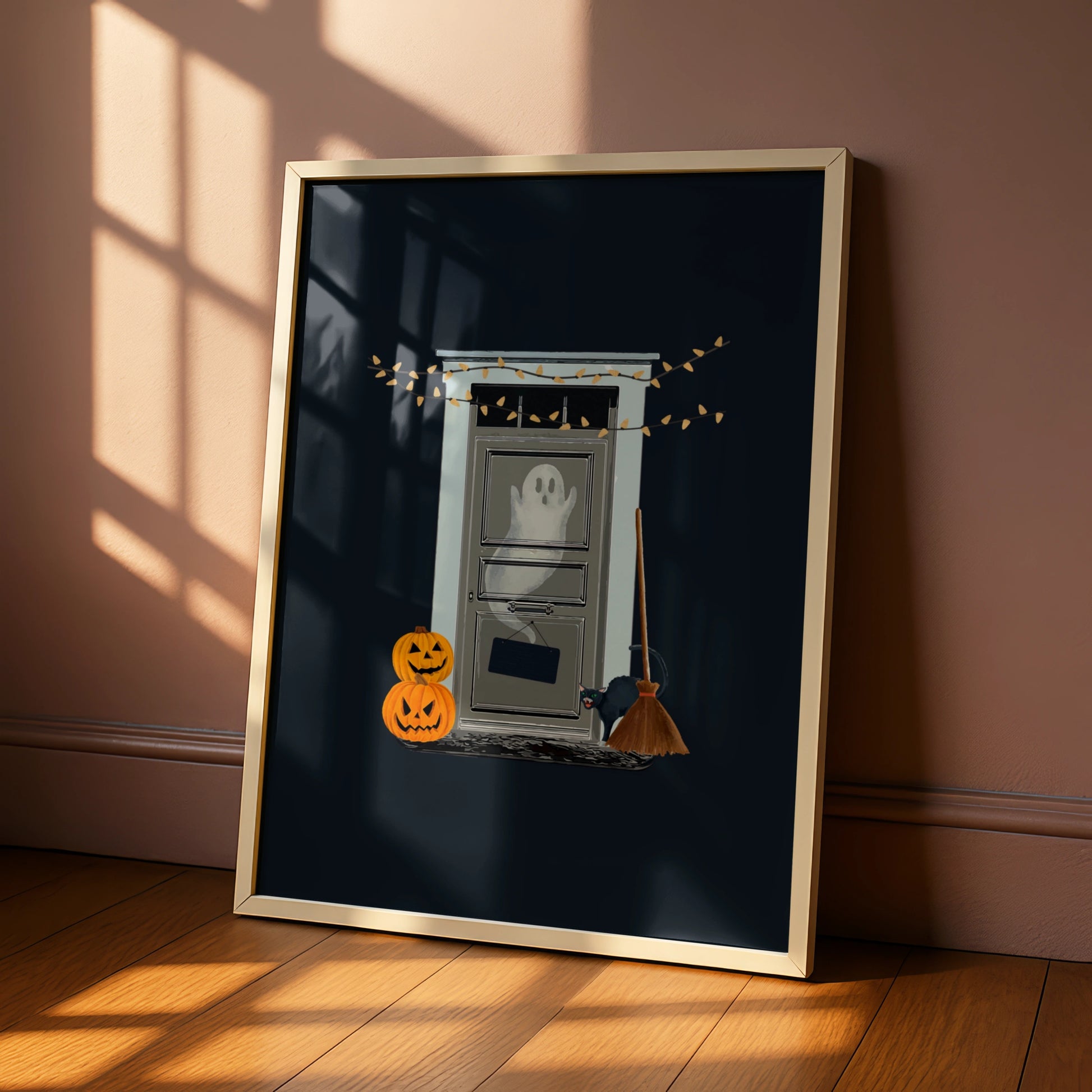 Halloween Ghost Door Poster, Spooky Black Cat Pumpkin Wall Art, Witch Broom Print