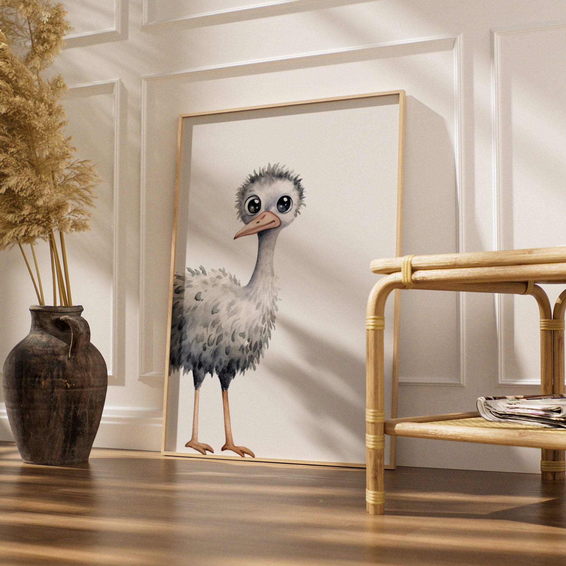 Baby Ostrich Nursery Wall Art, Cute Watercolour Bird Print, Children's Animal Poster